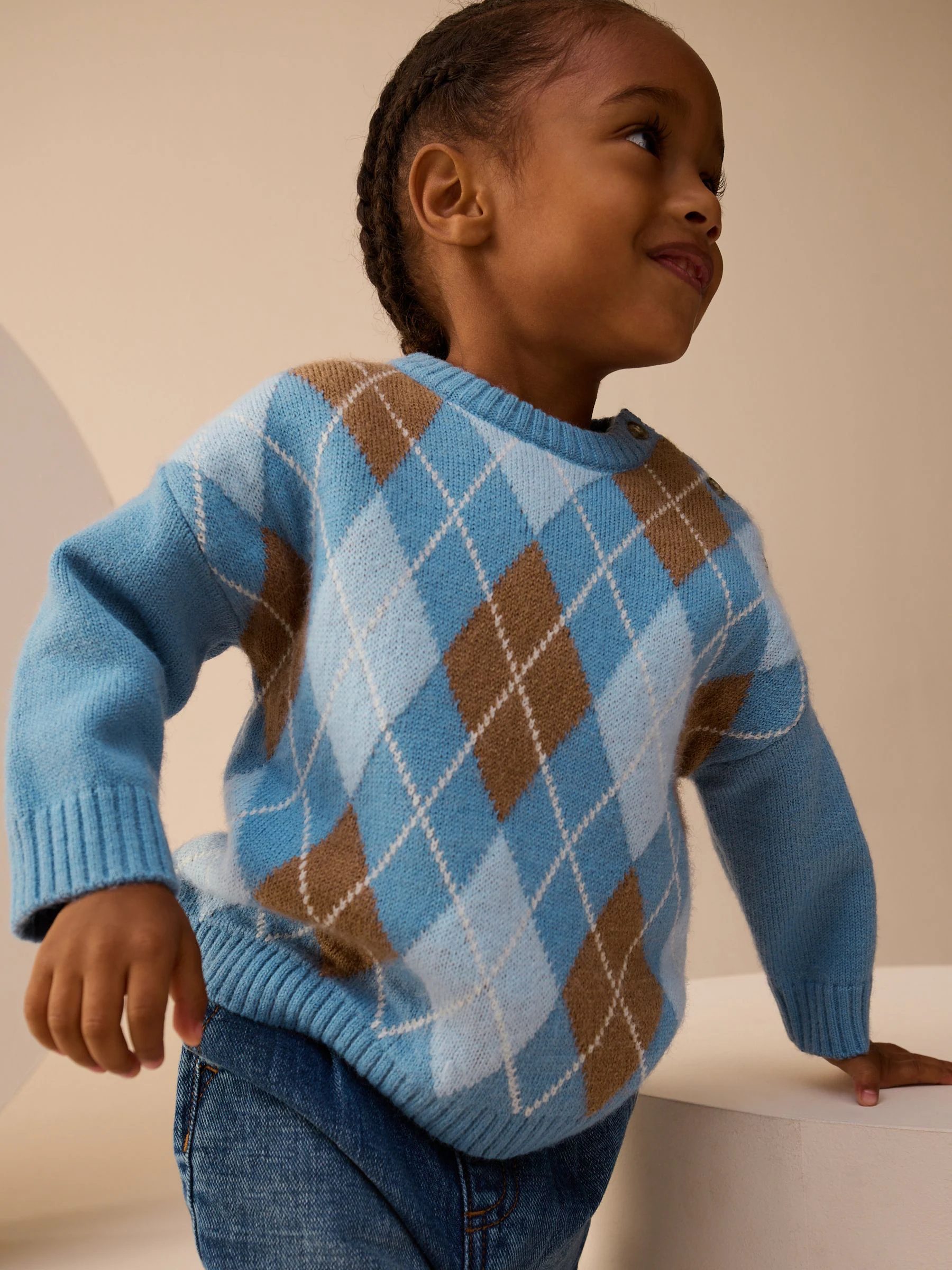 Blauw met argyle-patroon - Gebreide katoenen trui met ronde hals (3mnd -7jr)
