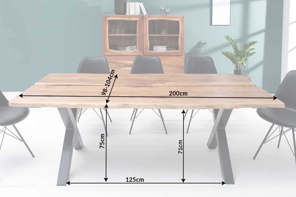 Massivholz Esstisch AMAZONAS 200cm natur Akazie Metall X-Gestell schwarz Baumkante