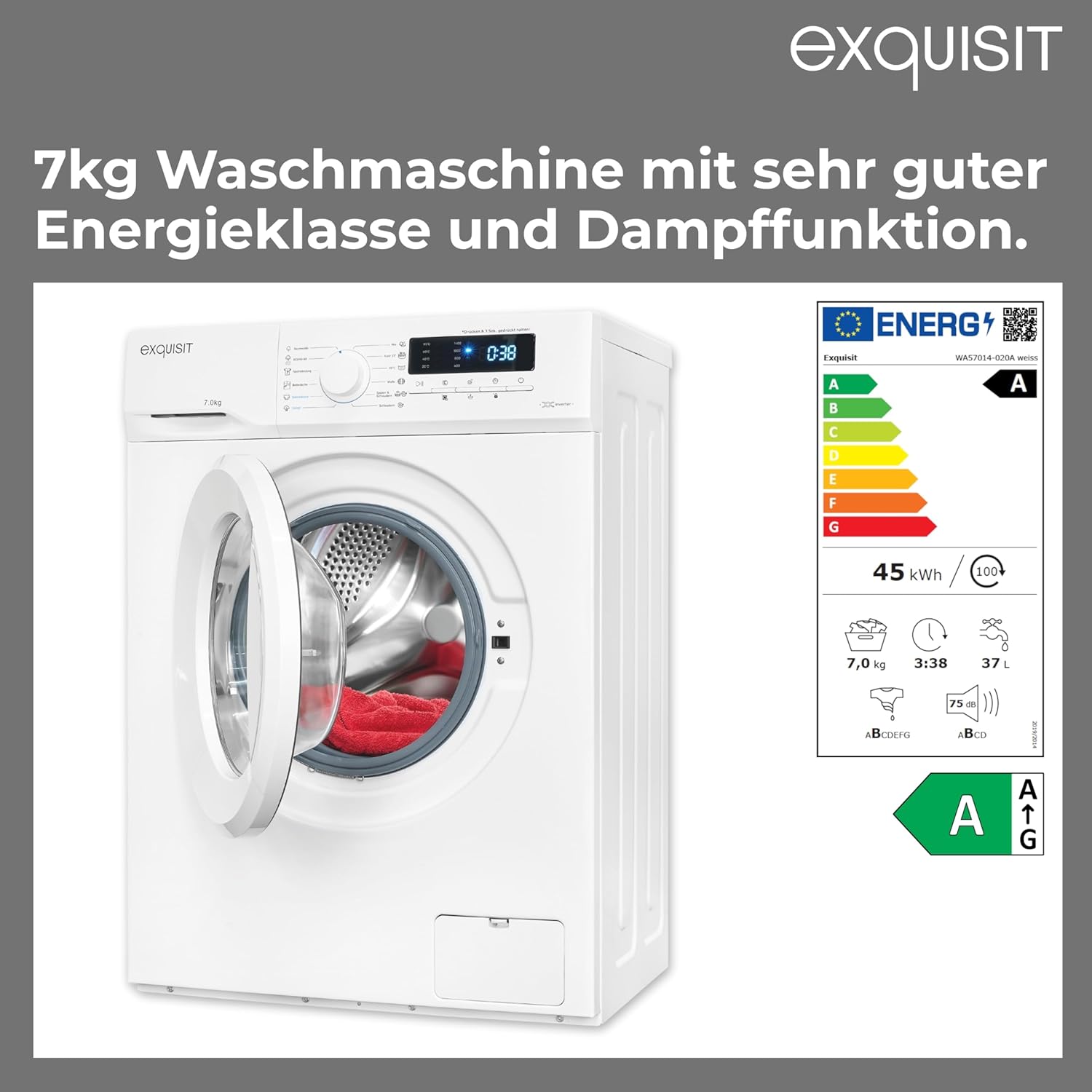 Exquisit PLUS Waschmaschine | 7 kg Nennkapazität, Energieklasse A, 1400 U/Min, 76 dB(A) | kompakte Bauform, 12 Programme, Eco 40-60, Kurzprogramm, Startzeitverzögerung | WA57014-020A weiss