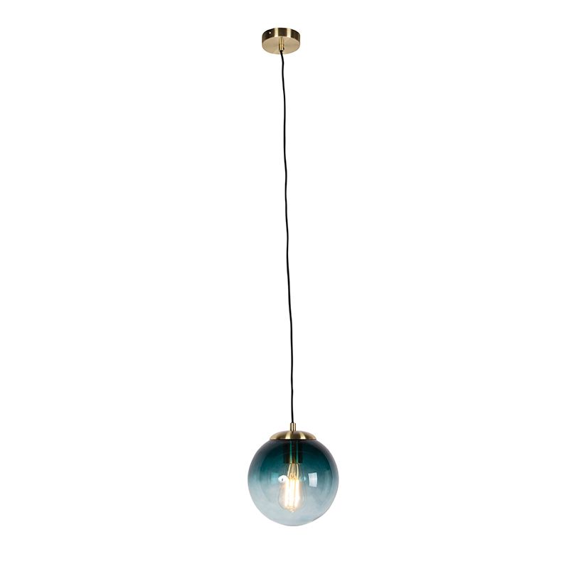 Art deco hanglamp messing met oceaanblauw glas 20 cm - Pallon