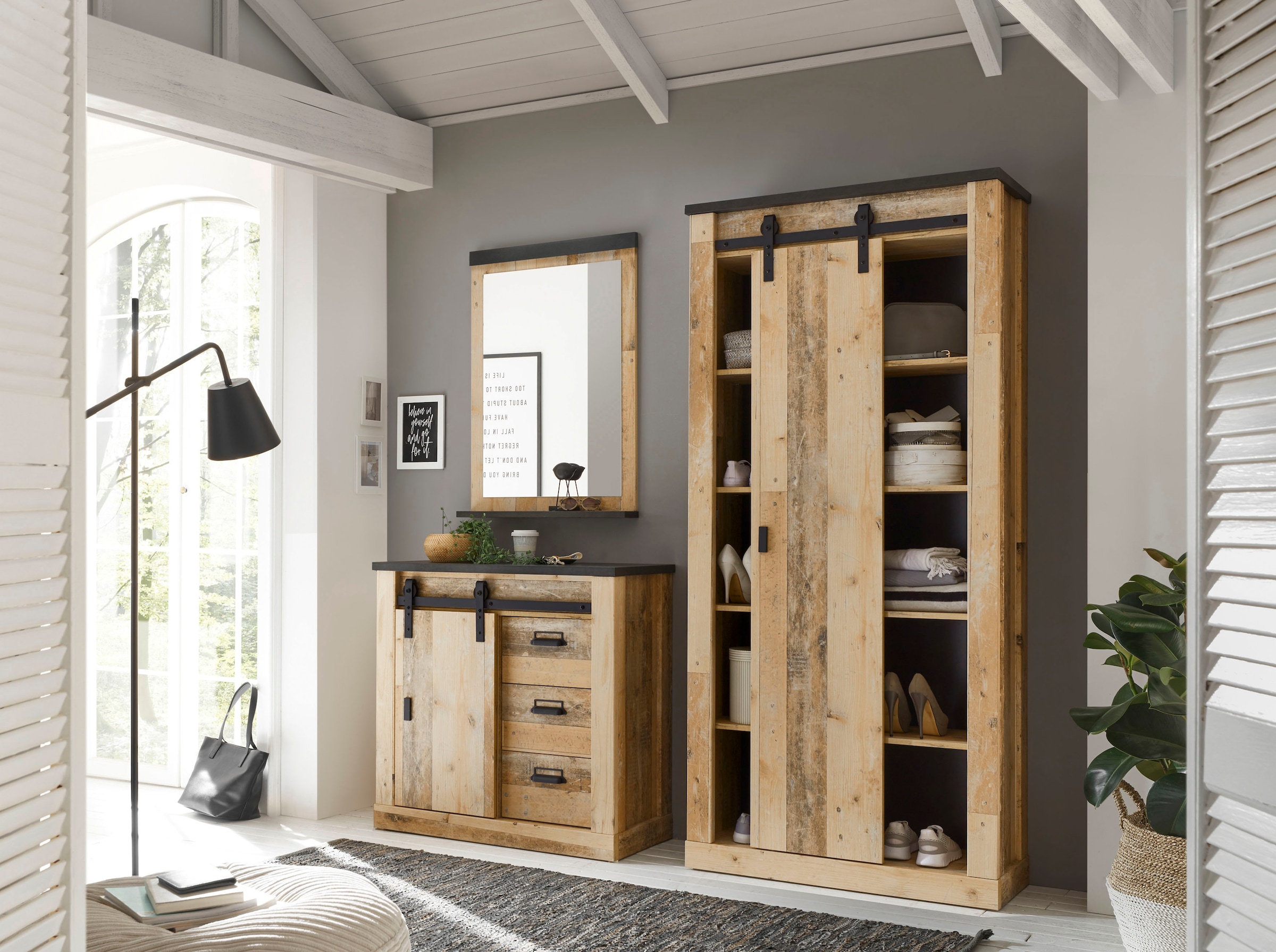 Home affaire Regal »SHERWOOD« modernes Holz Dekor, mit Scheunentorbeschlag aus Metall, Höhe 201 cm