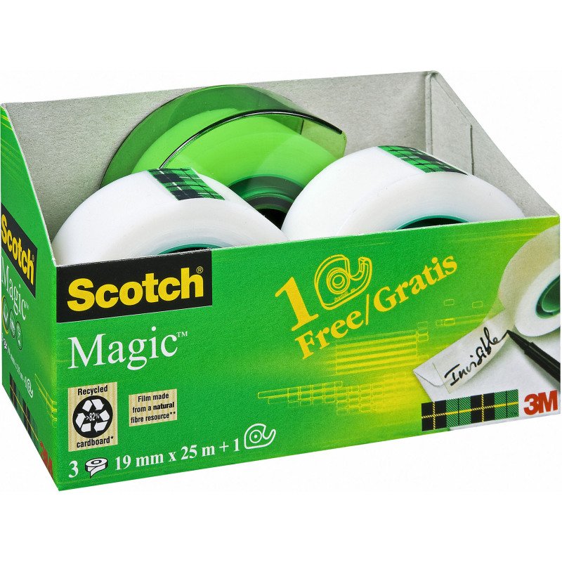 Pack 3 rubans adhésifs Scotch Magic + 1 dévidoir offert