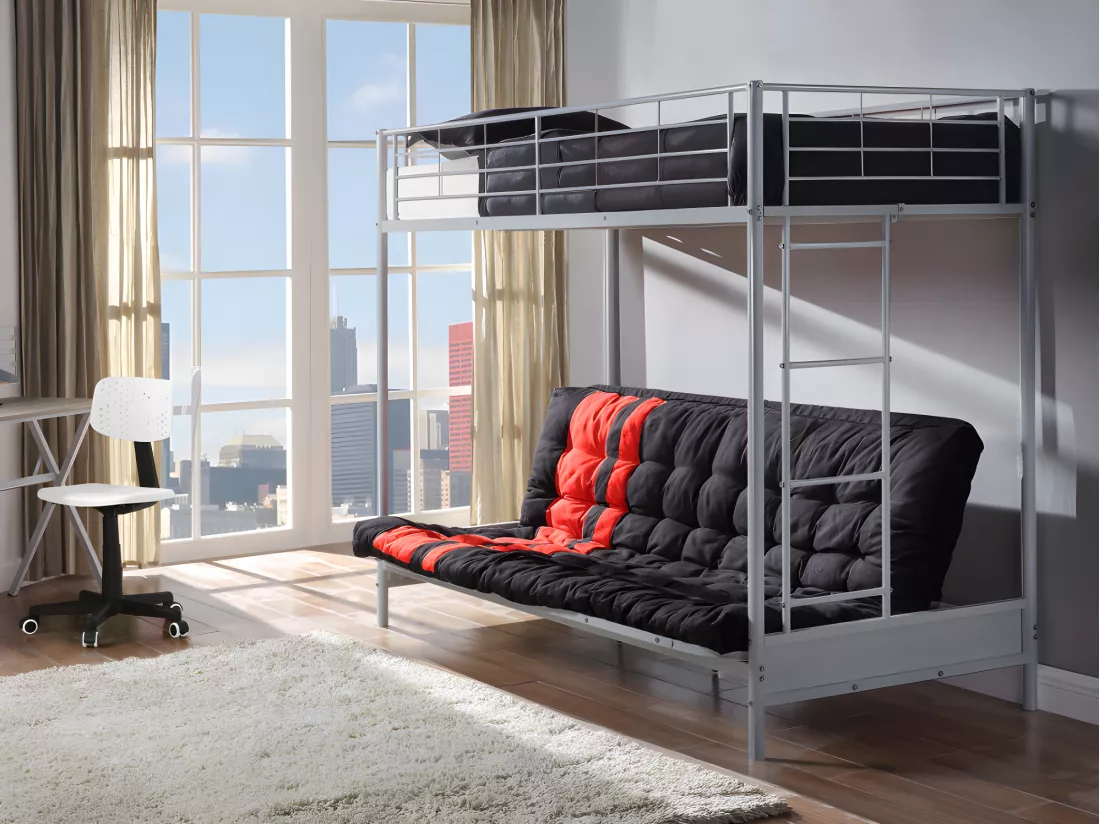 Lit mezzanine 90 x 190 cm - Avec banquette convertible - Métal - Argent - MODULO V