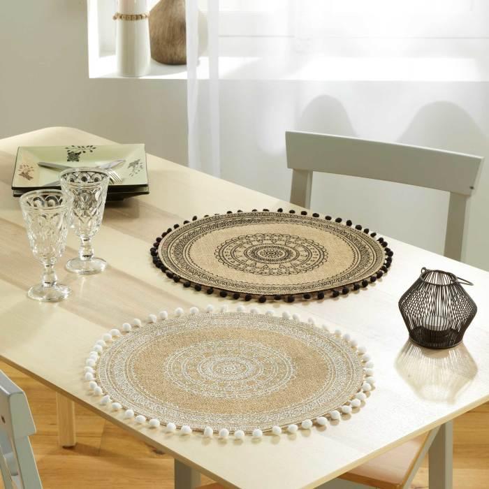 SET DE TABLE 38 CM JUTE IMPRIME ET POMPONS RENATA NOIR