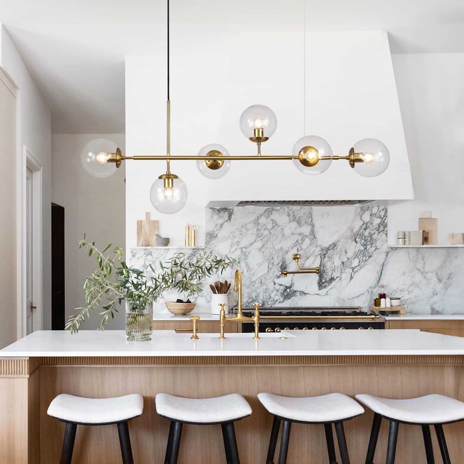 KCO Lighting 6 Light Bubble Kronleuchter Beleuchtung Klarglas Globe Kronleuchter Messing Gold Linear Pendelleuchte Mitte Jahrhundert Moderne Pendelleuchte für Wohnzimmer Küche Insel Esszimmer