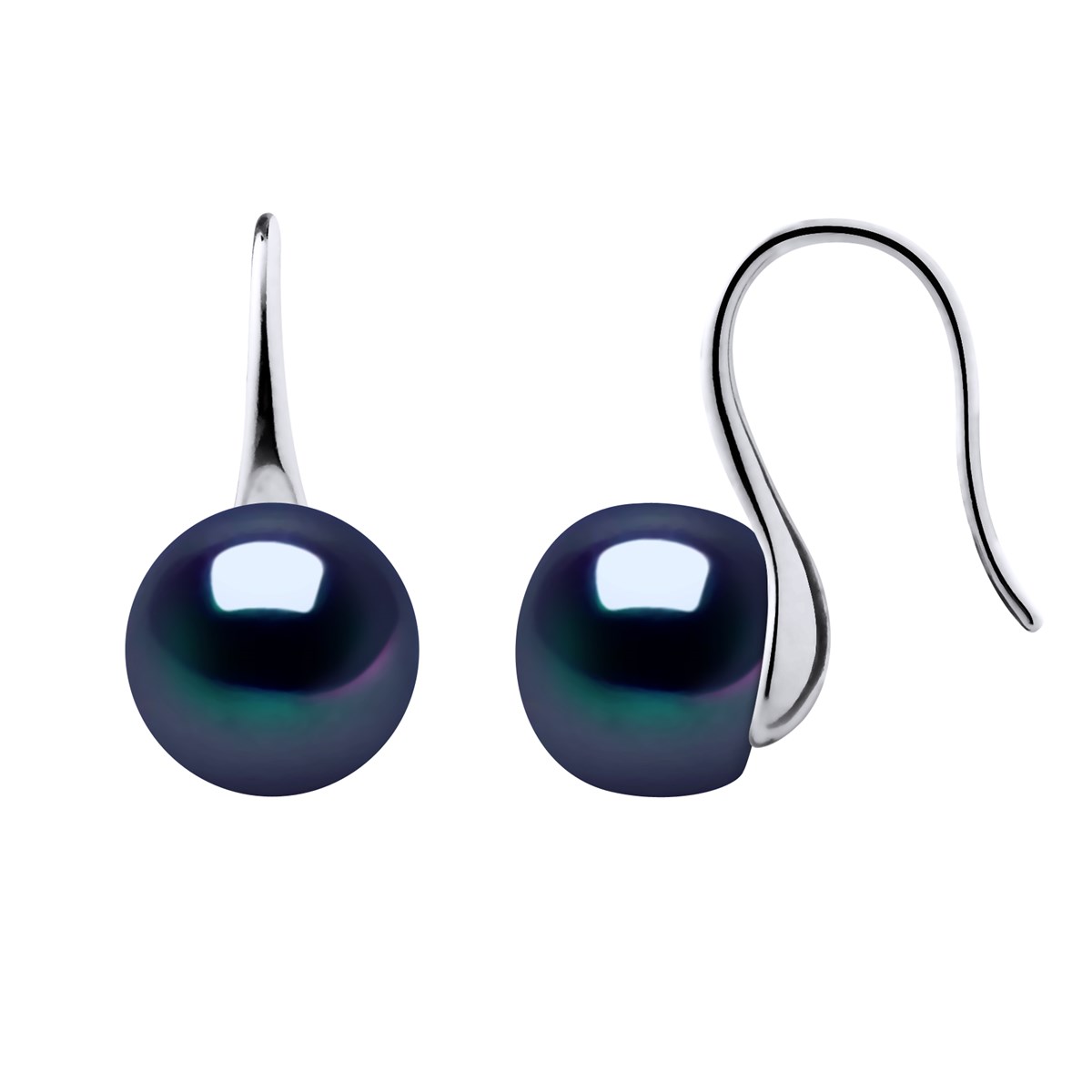 Crochets d'Oreilles Perles d'Eau Douce Boutons 9-10 mm Noires Argent 925