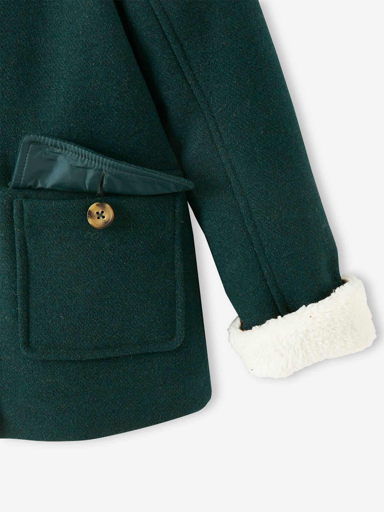 Casaco com capuz em lã com forro de sherpa, para meninas, bege médio liso com motivos.