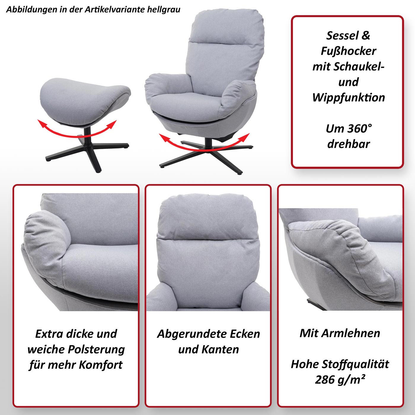 Relaxsessel + Hocker MCW-L12, Fernsehsessel Sessel Schaukelstuhl Wippfunktion, drehbar, Metall Stoff/Textil ~ bordeaux