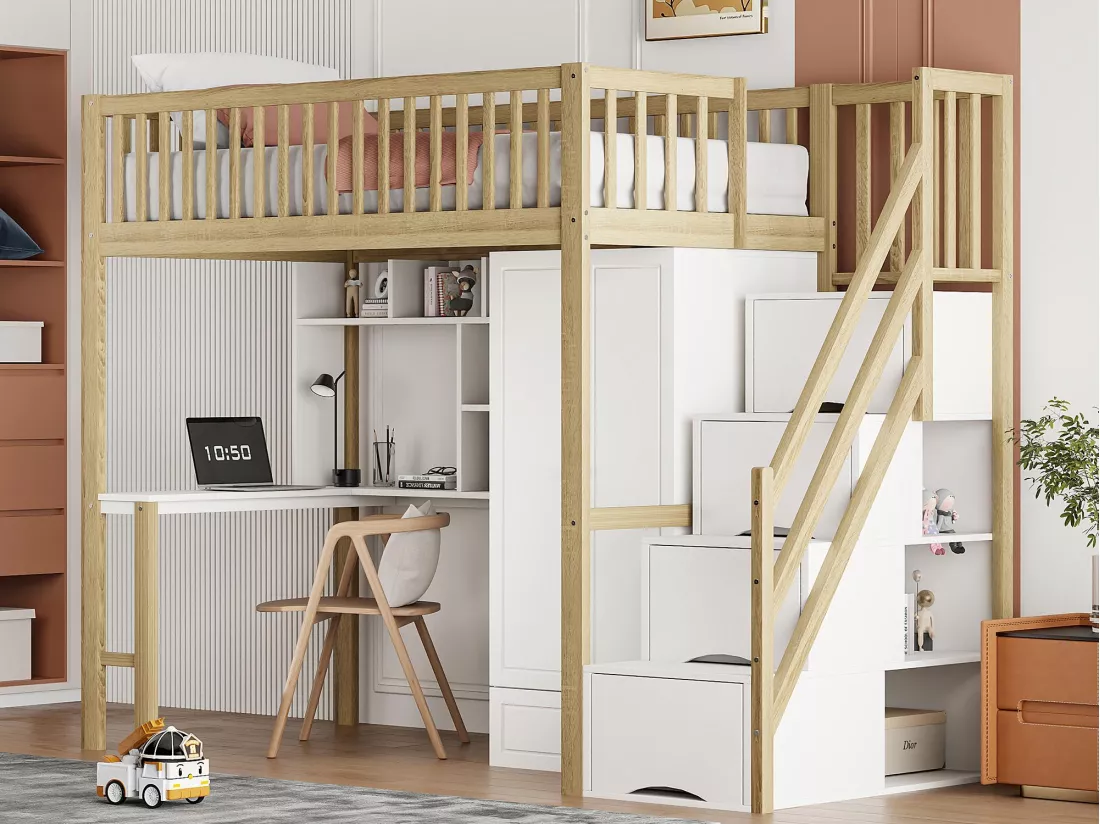 Lit mezzanine 90x200 cm - avec une penderie et un bureau - cadre de lit en bois - Blanc