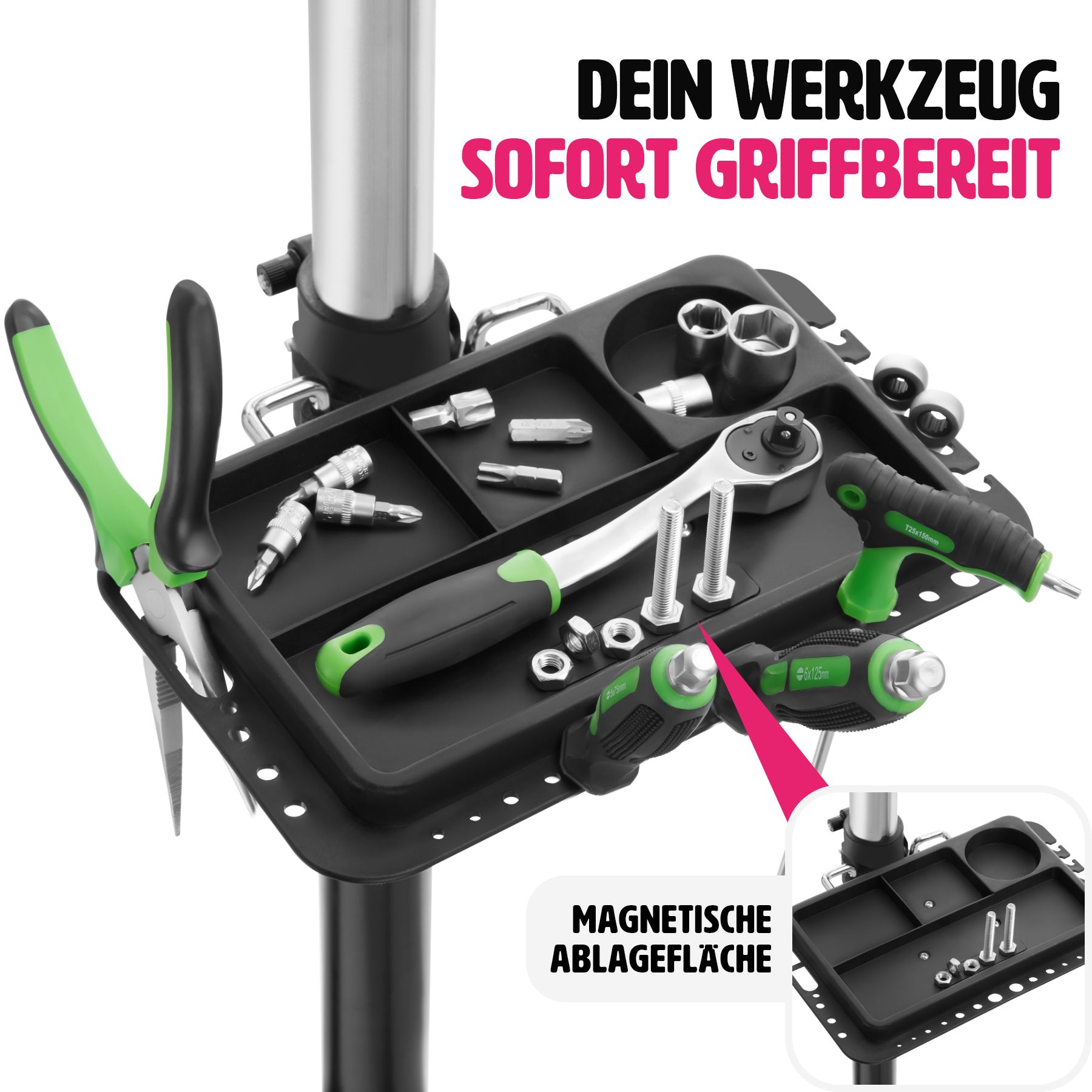 tectake® Fahrradmontageständer, Belastbarkeit 50 kg, klappbar mit Schnellverschlüssen, lackschonend, inklusive Vorderrad-Stabilisator und magnetischer Werkzeugablage