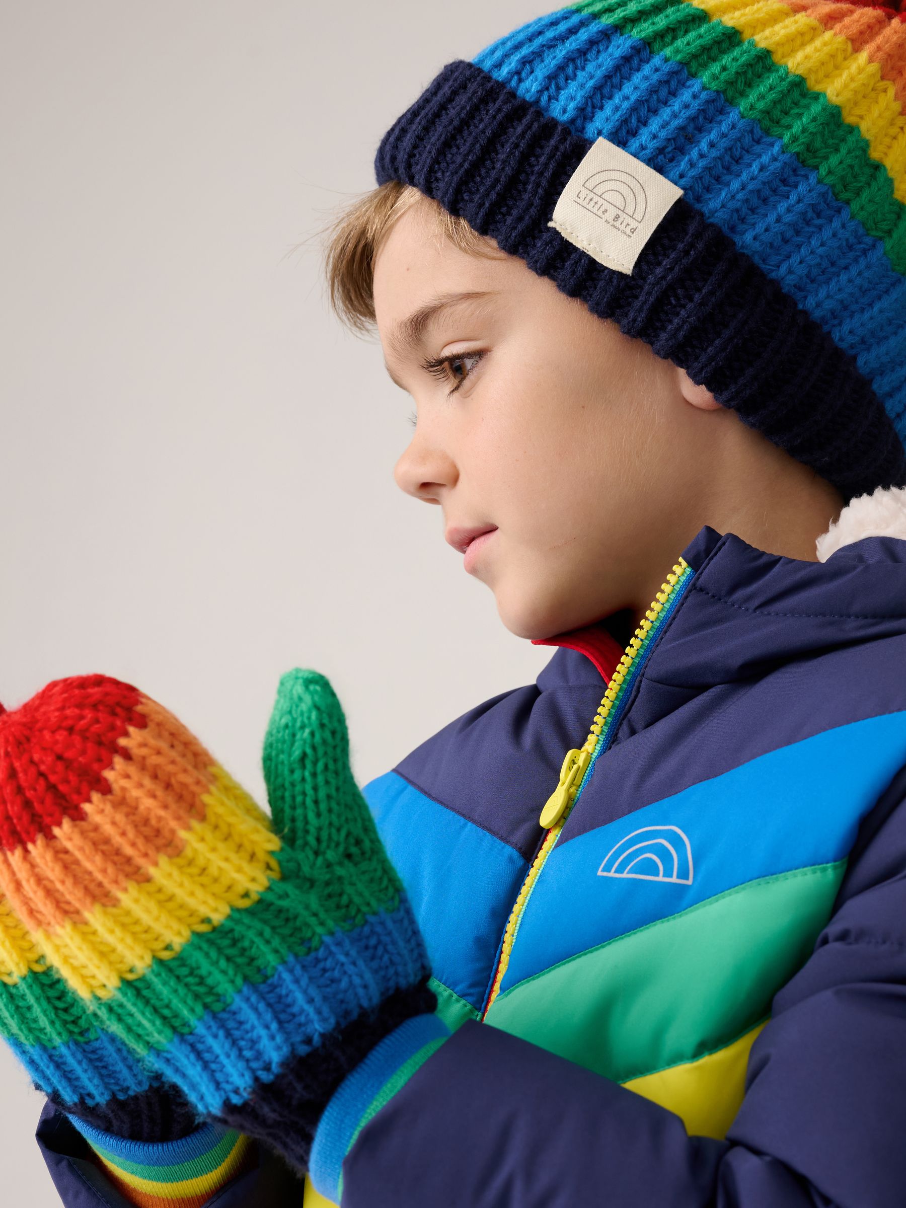 Meerkleurige regenboogstreep - Little Bird by Jools Oliver set van muts met wanten of handschoenen