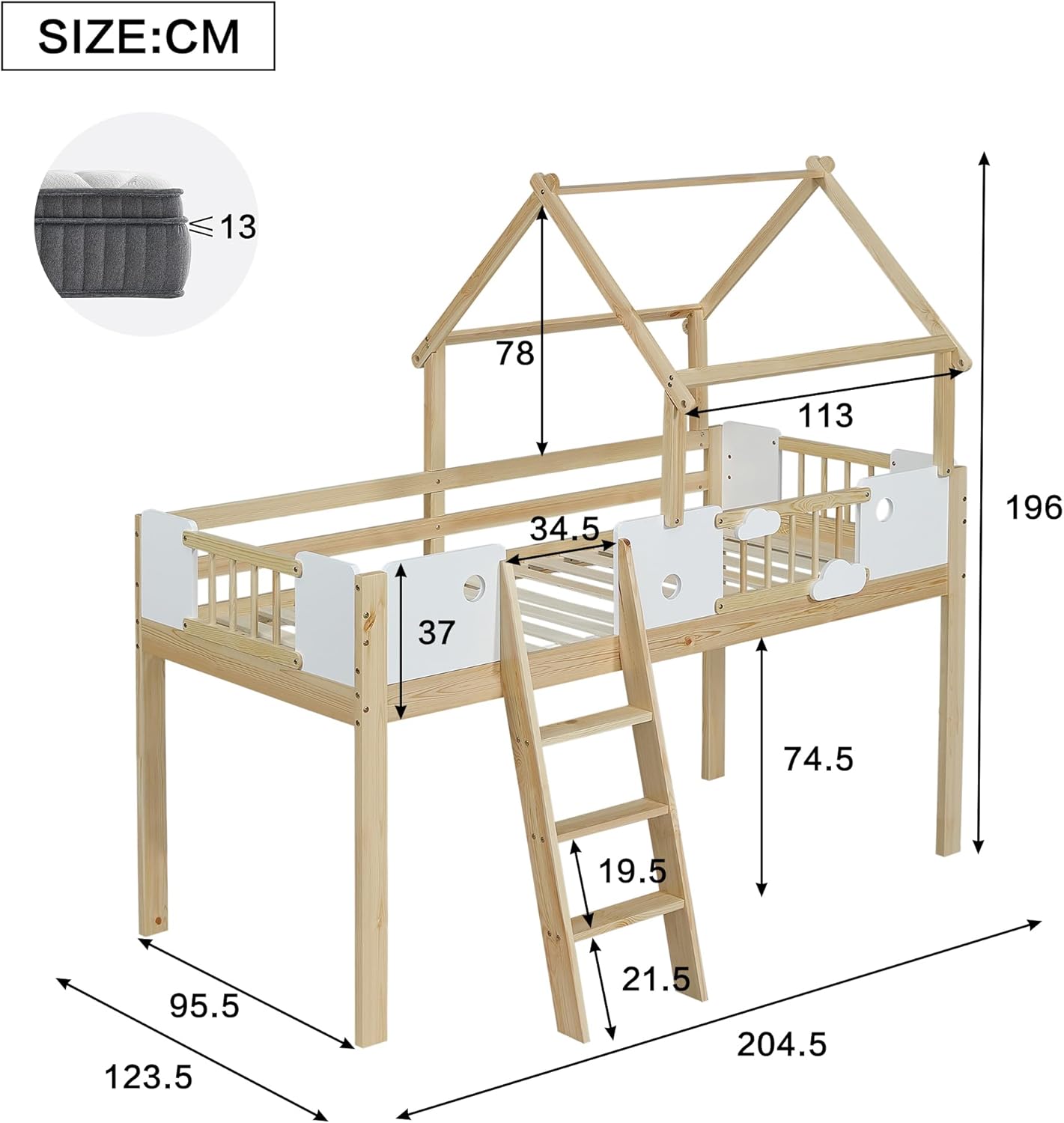 Merax Hochbett 90x200cm für Kinder, Etagenbett Kinderbett mit Fallschutz & Lattenrost, Hausbett mit Dreistufige Schrägleiter, Einzigartiges Dachdesign, Platzsparendes Stockbett, Kiefer+MDF, Natur&Weiß