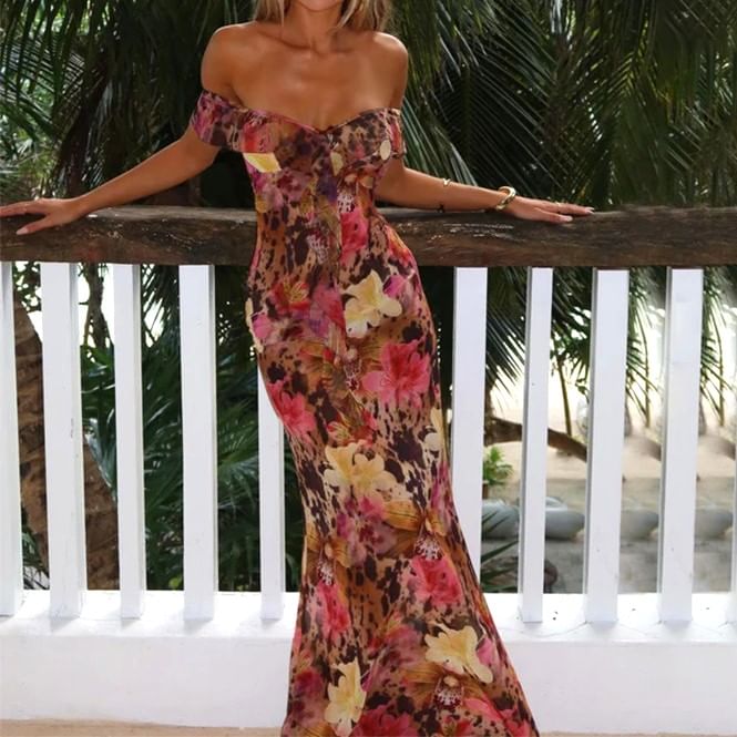 Alizio - Maxi-jurk met korte mouwen, blote schouders, bloemenprint, ruches en strikbandjes op de rug