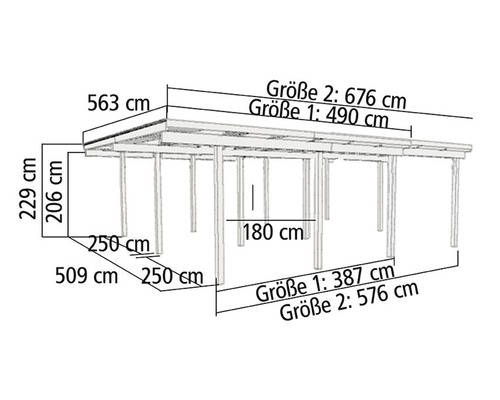 Dubbele carport Karibu Eco 2C van PVC-panelen met 2 inrijbogen, zonder beslag, 527x576 cm, drukgeïmpregneerd