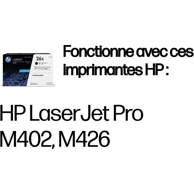 HP 26X LaserJet, lot de 2 cartouches de toner grande capacité authentiques, noir