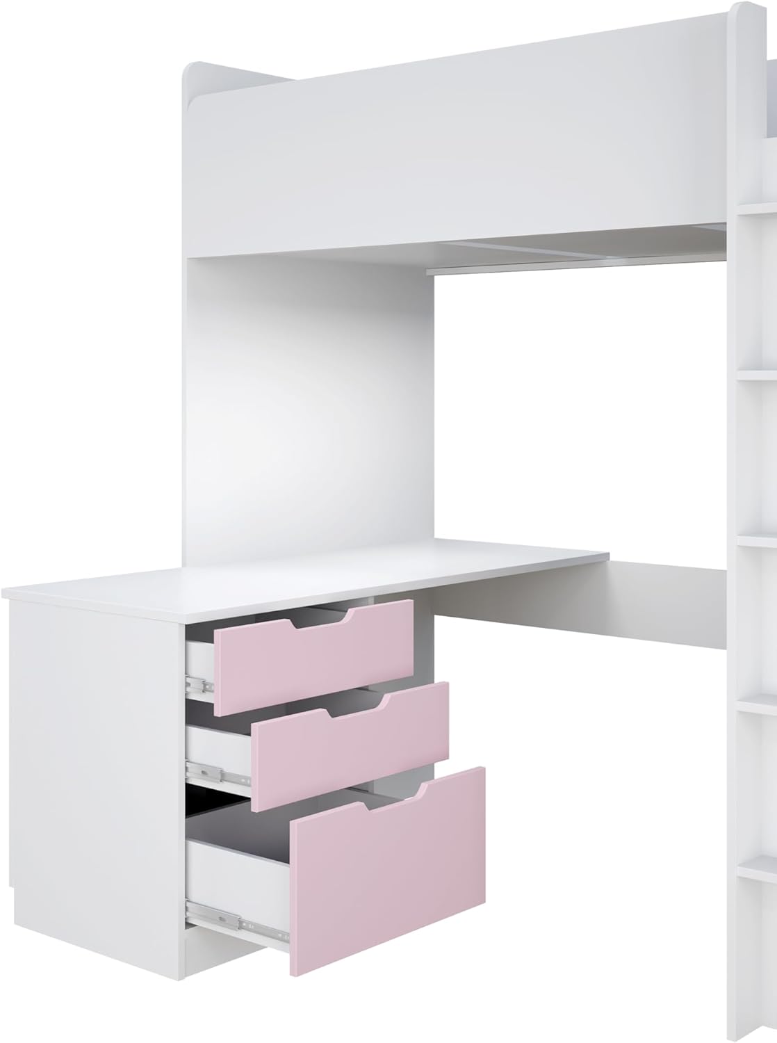 Shefa Kids Hochbett Mit Schreibtisch - Platzsparendes 5-in-1 Hochbett Kinder Mit Treppe, Kleiderschrank, Regal & Arbeitsbereich - Rosa, Belastbar Bis 90 Kg, Maße: 206 x 107 cm