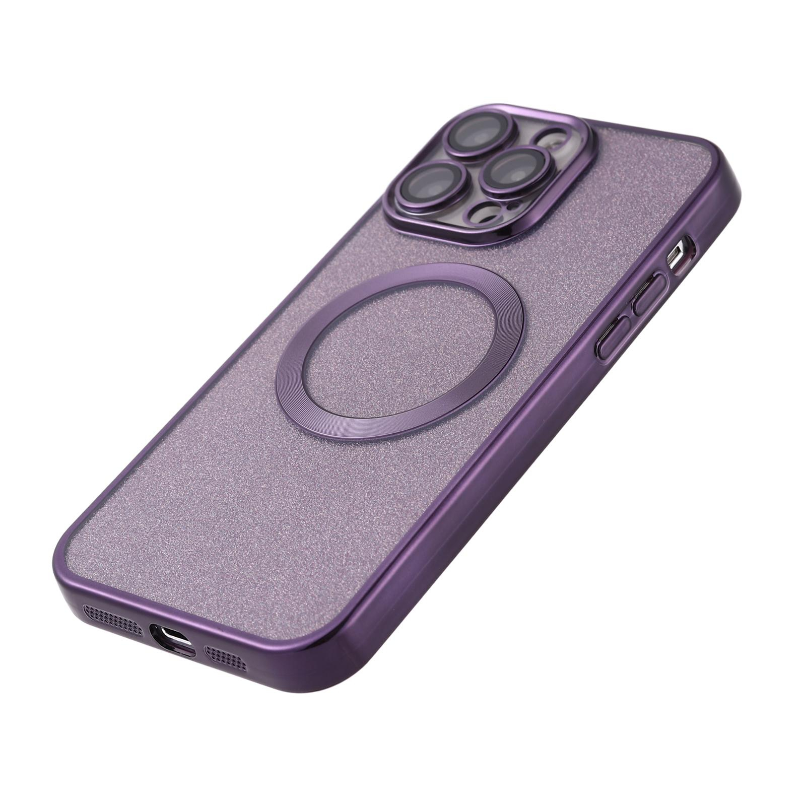 iPhone 14 Pro Max MagSafe Gummi Case Hülle mit Acryl Kameraglasschutz im Glitzer Design - Lila / Transparent