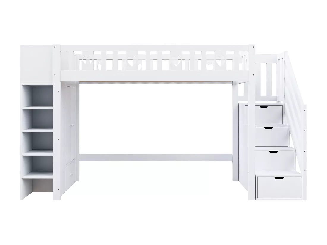 Lit mezzanine 90 x 200 cm avec armoire, étagères de rangement et tiroirs - Pin + MDF - Blanc (sans matelas)