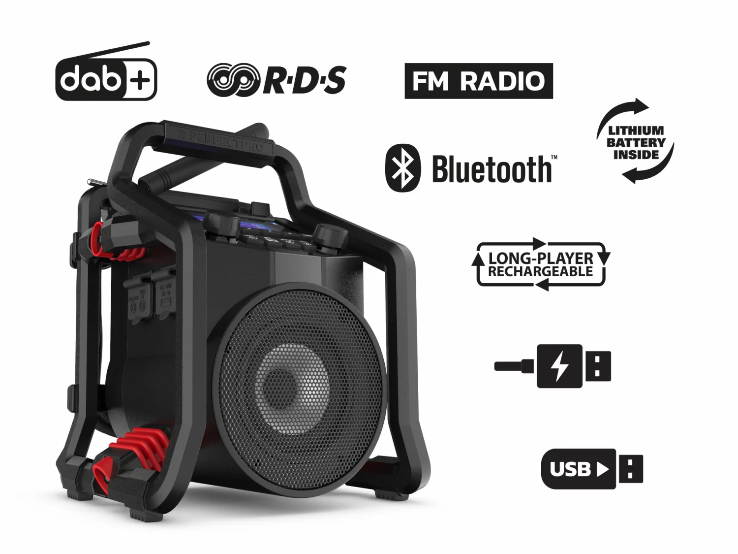PerfectPro POWERPLAYER PP2 Bouwradio - FM RDS - DAB  - bluetooth - USB - AUX-In - Oplaadbaar (ingebouwde Lithium accu)