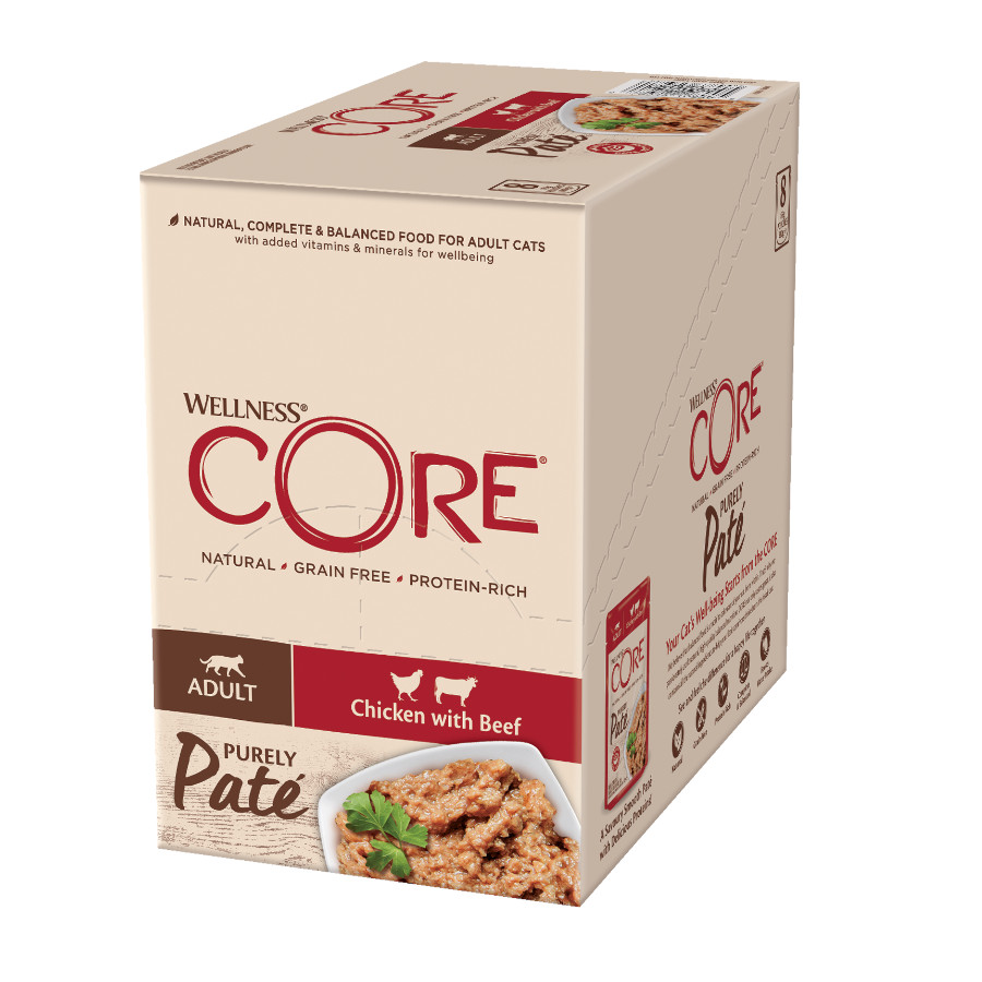 Sachê de 85g de patê Wellness Core Adult, sabor puro de frango e carne bovina, para gatos.