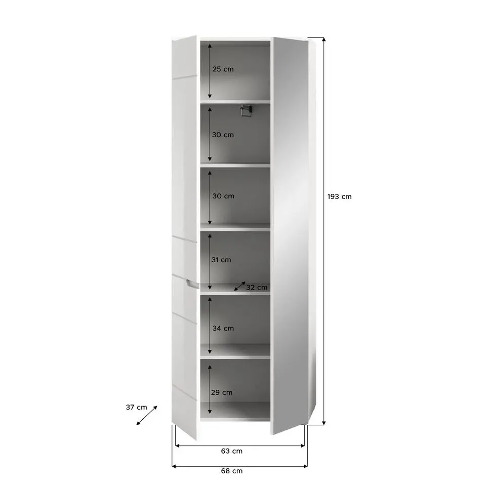 Hioshop Solero kledingkast 1 deur- 1 spiegeldeur wit hoogglans- wit