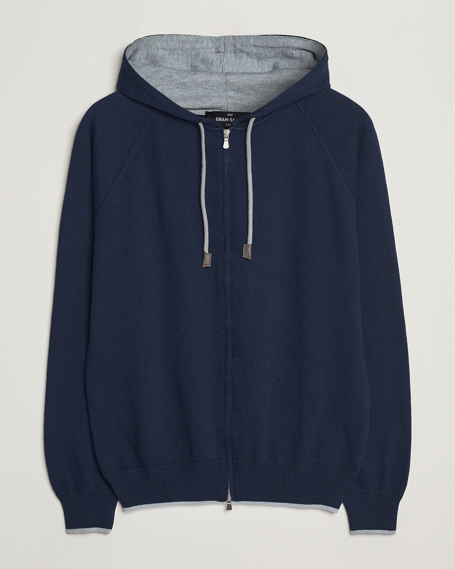 Gran Sasso Cotton/Cashmere Knitted Hooded Full Zip Navy