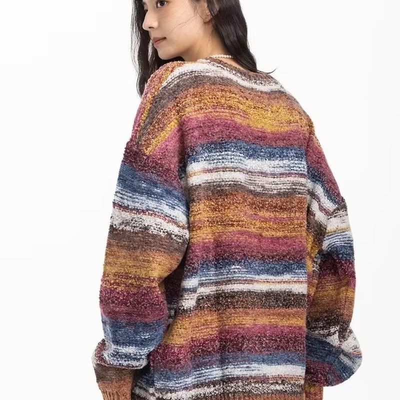 Dubbelwit - Unisex lange mouwen gestreepte losse trui
