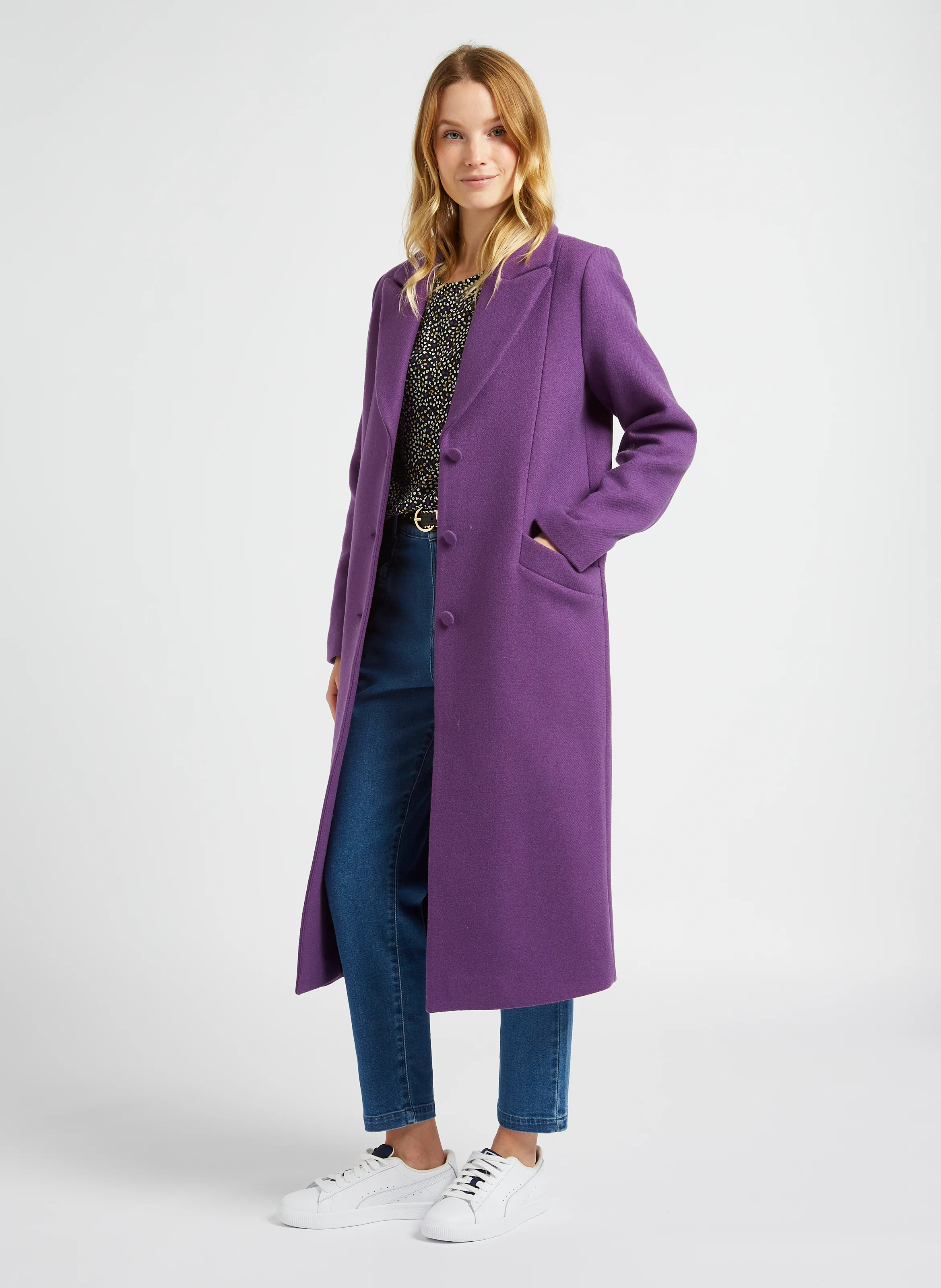 Manteau long col tailleur en laine mélangée | Violet