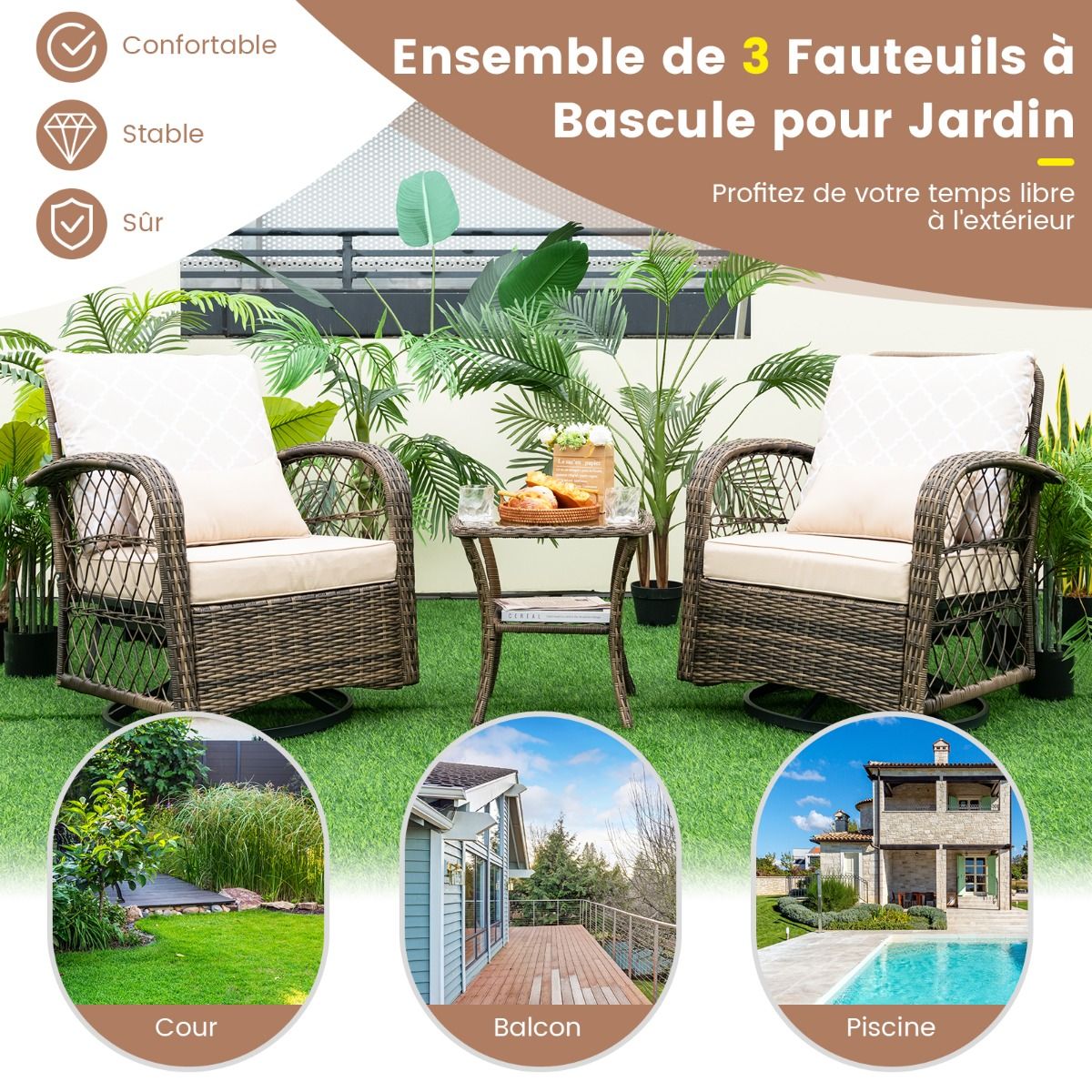 Salon de Jardin Extérieur 3PCS - 2 en Fauteuils à Bascule Pivotant à 360°Rotin PE Cadre Métal our Terrasse Balcon - Lidl-Manfred