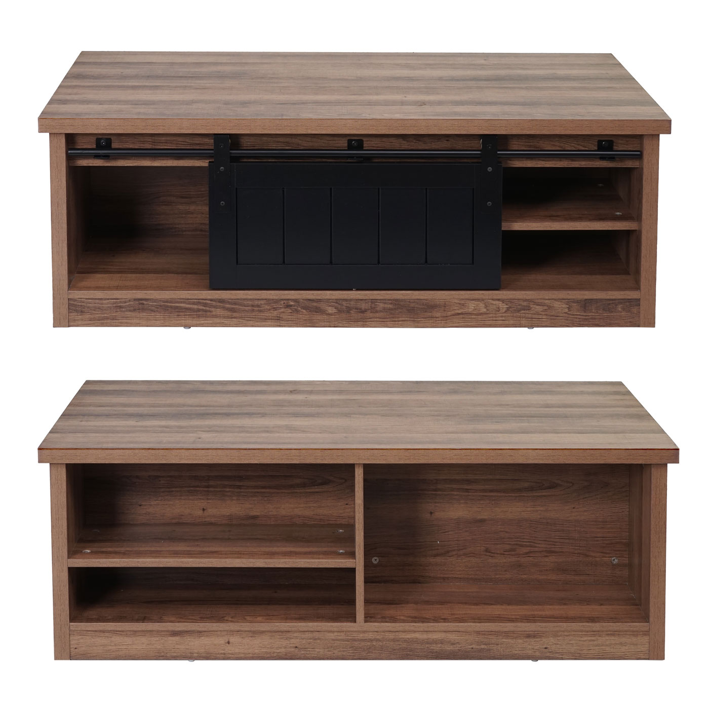 Couchtisch MCW-K75, Beistelltisch Wohnzimmertisch, Schiebetüre 6 Staufächer, Holz-Optik Metall 44x120x60cm ~ braun