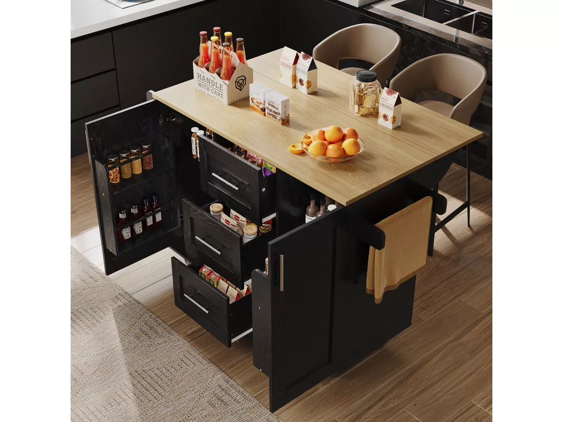 Ilot central de cuisine mobile avec 2 portes, 3 tiroirs et porte-serviettes - Plateau extensible - 134.5 x 46/74 x 90.8 cm - MDF - Noir