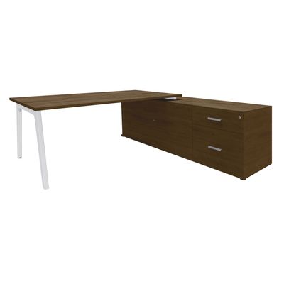 Bureau STEELY Manager - L180 x P100 x H72,5 cm - console retour à droite (2 tiroirs) L200 x P60 x H72,5 cm - pieds blanc - plateau imitation noyer