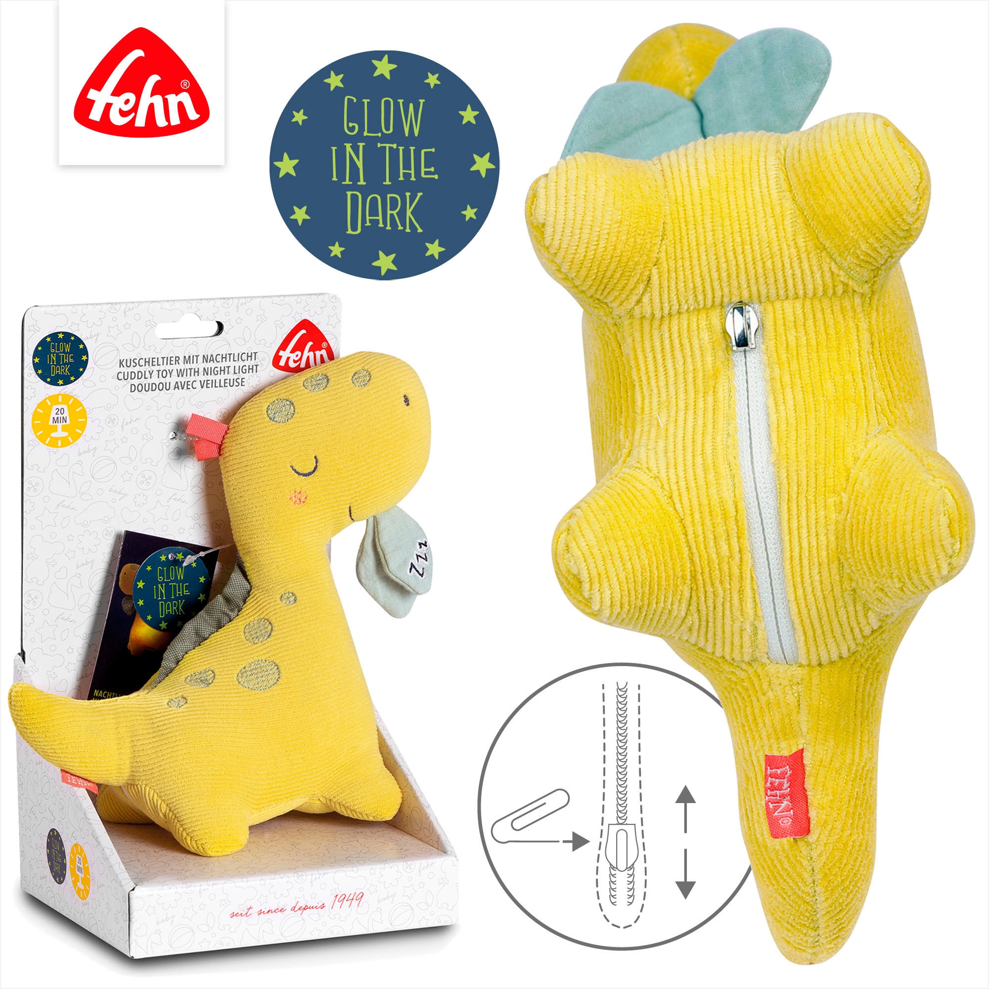 Fehn Kuscheltier »Happy Dino« mit »Glow-in-the-dark«-Bestickung & Nachtlicht-Modul