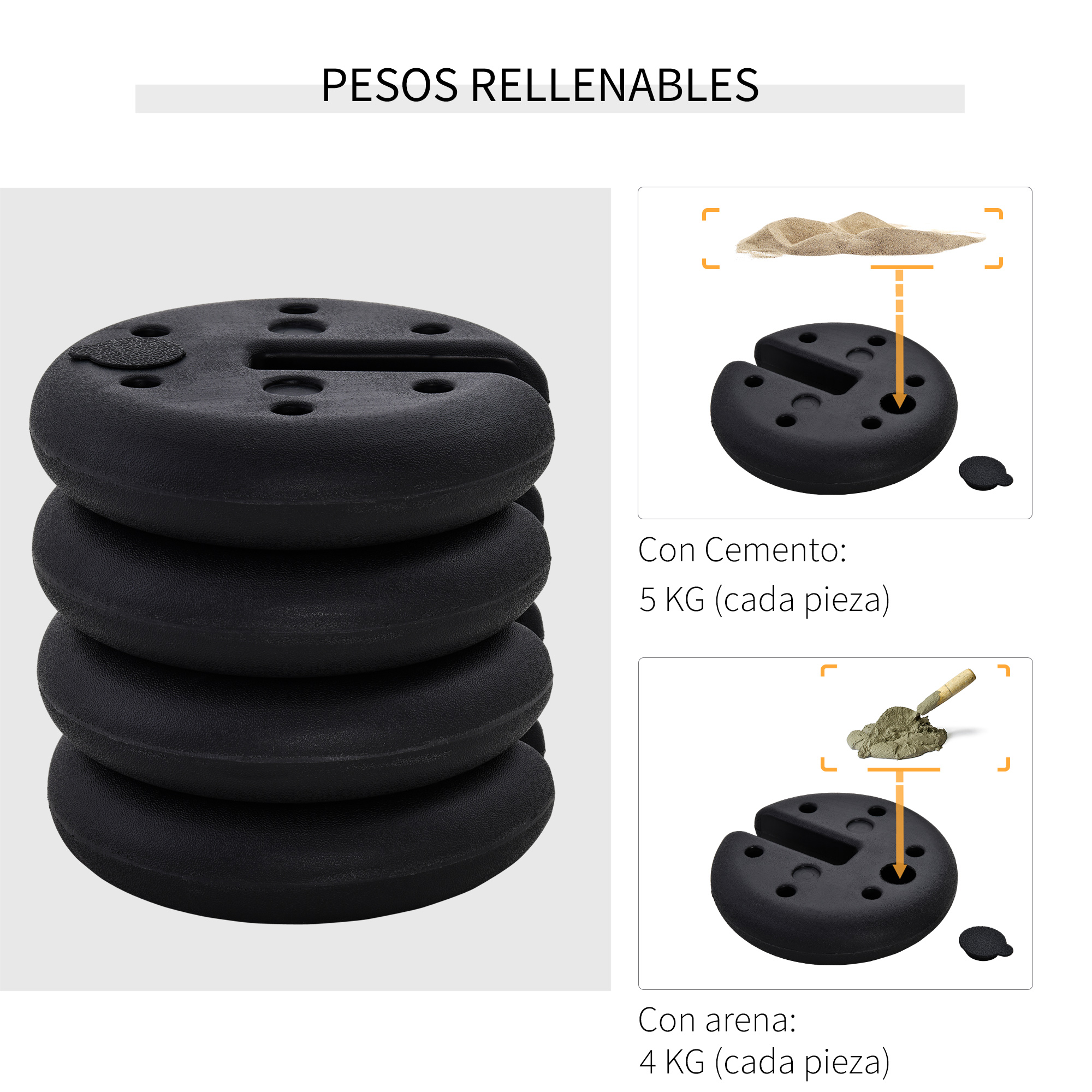Conjunto Outsunny com 4 pesos para gazebo, preenchíveis com areia e cimento, base de apoio para guarda-sol/tenda, base ponderada Φ25x6 cm