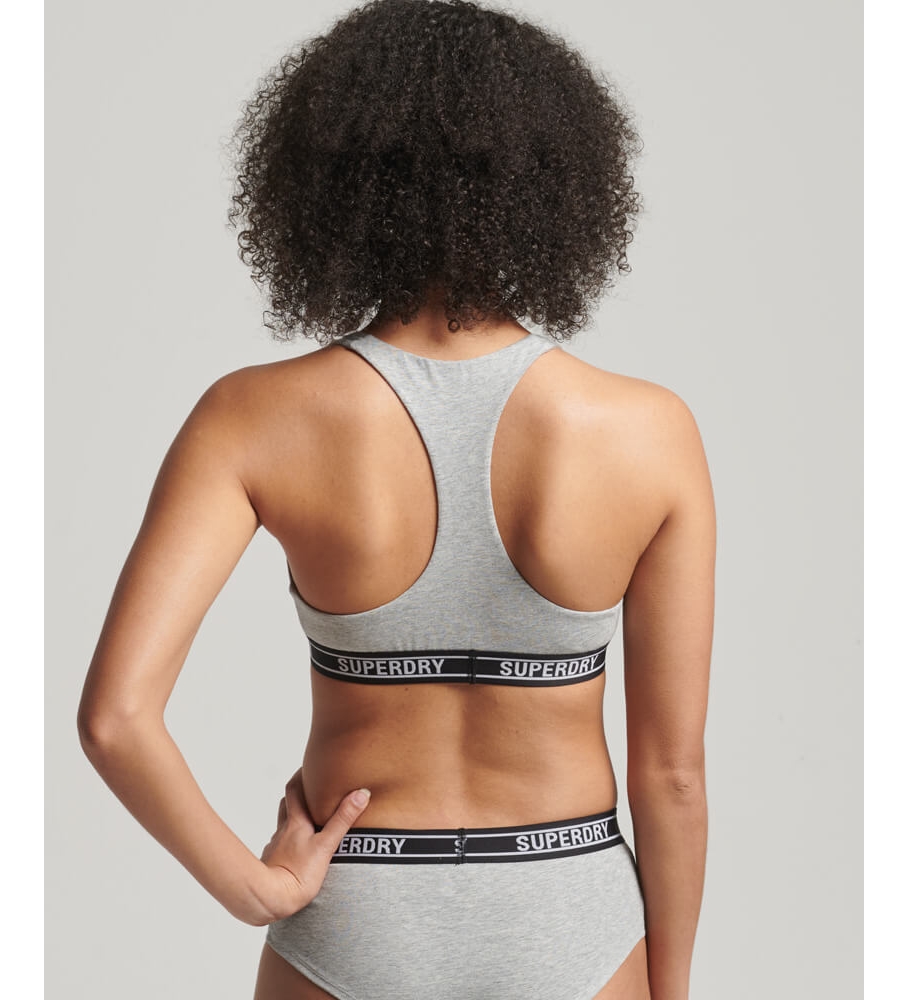 Sutiã curto estilo bralette Superdry em algodão orgânico com vários logotipos - Cinza