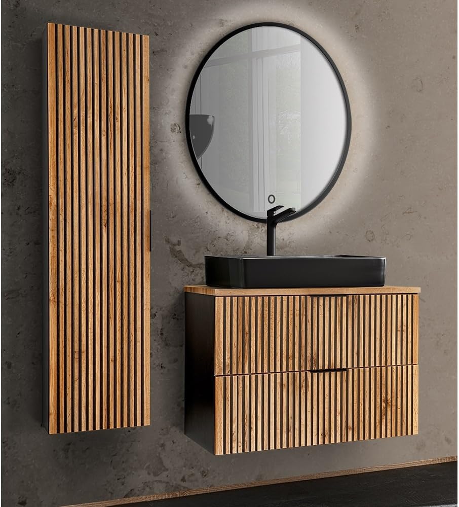Lomadox Badezimmer Set 3 teilig Waschtisch Unterschrank 80 cm Keramik Waschbecken Hochschrank Spiegel Beleuchtung anthrazit Wotan Eiche Nb. Rillen schwarz