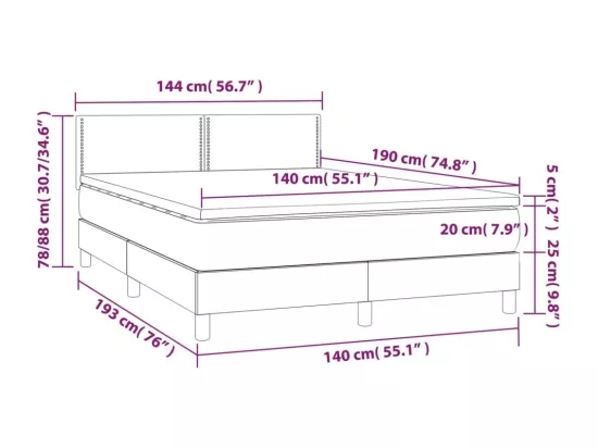 Sommier tapissier et matelas et LED Gris foncé 140x190 cm Tissu