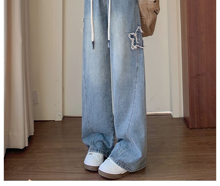 EFO - Elastische taille, gewassen sterrenapplicatie, wijde pijpen jeans