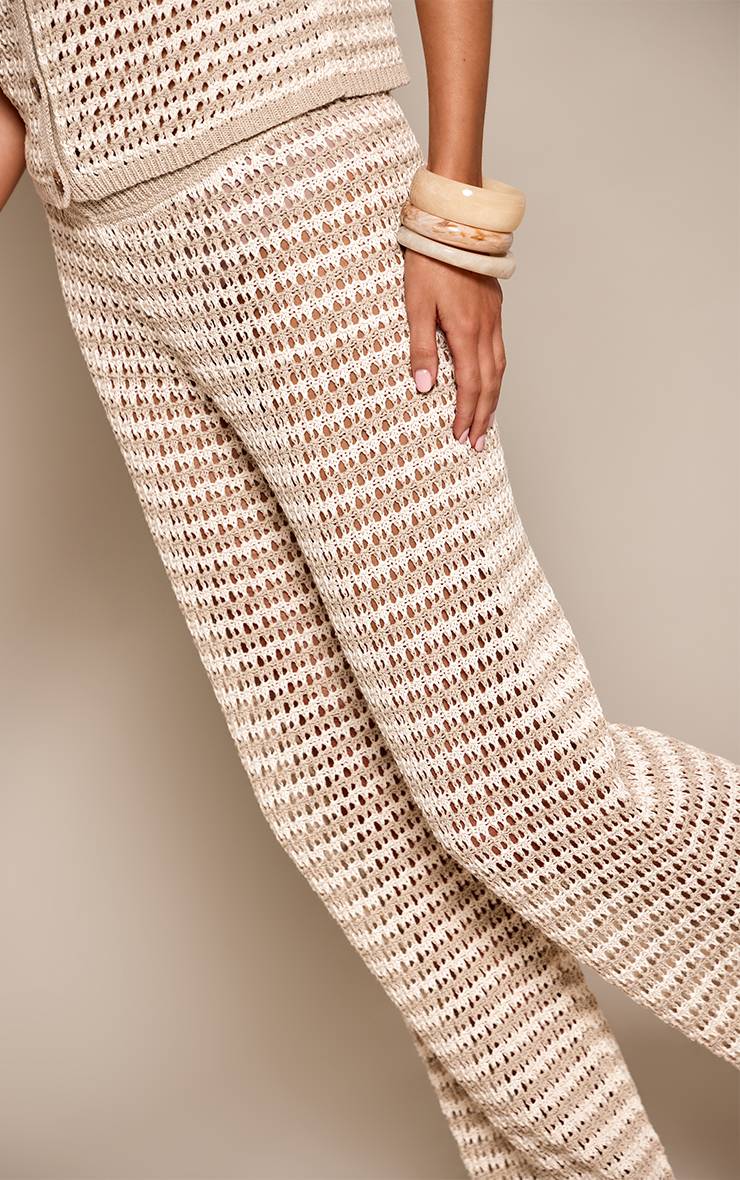 Beige Pantalon Large En Crochet À Rayures