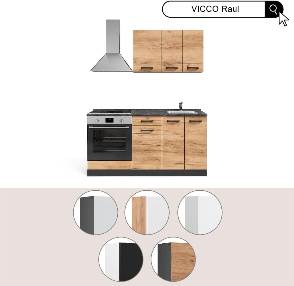 Vicco Singleküche R-Line, Schwarz Hochglanz/Weiß, 160 cm mit Herdumbauschrank und Spüle ohne AP