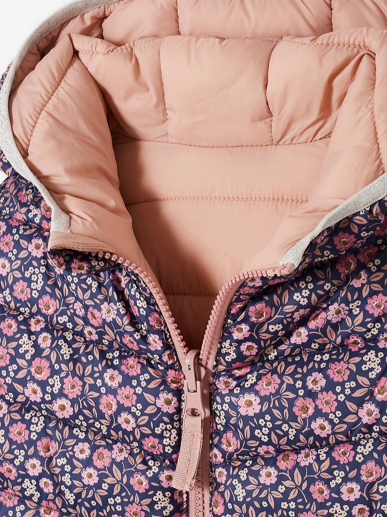 Jaqueta reversível leve com capuz para meninas, estampa rosa vibrante.
