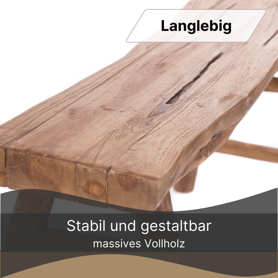 DESIGN DELIGHTS HOLZBANK Malu 93 | Teakholz, 93x44 cm, mit Streben | Treibholz Sitzbank, Baumkante Beistellbank, Bettbank, Küchenbank, Flurbank