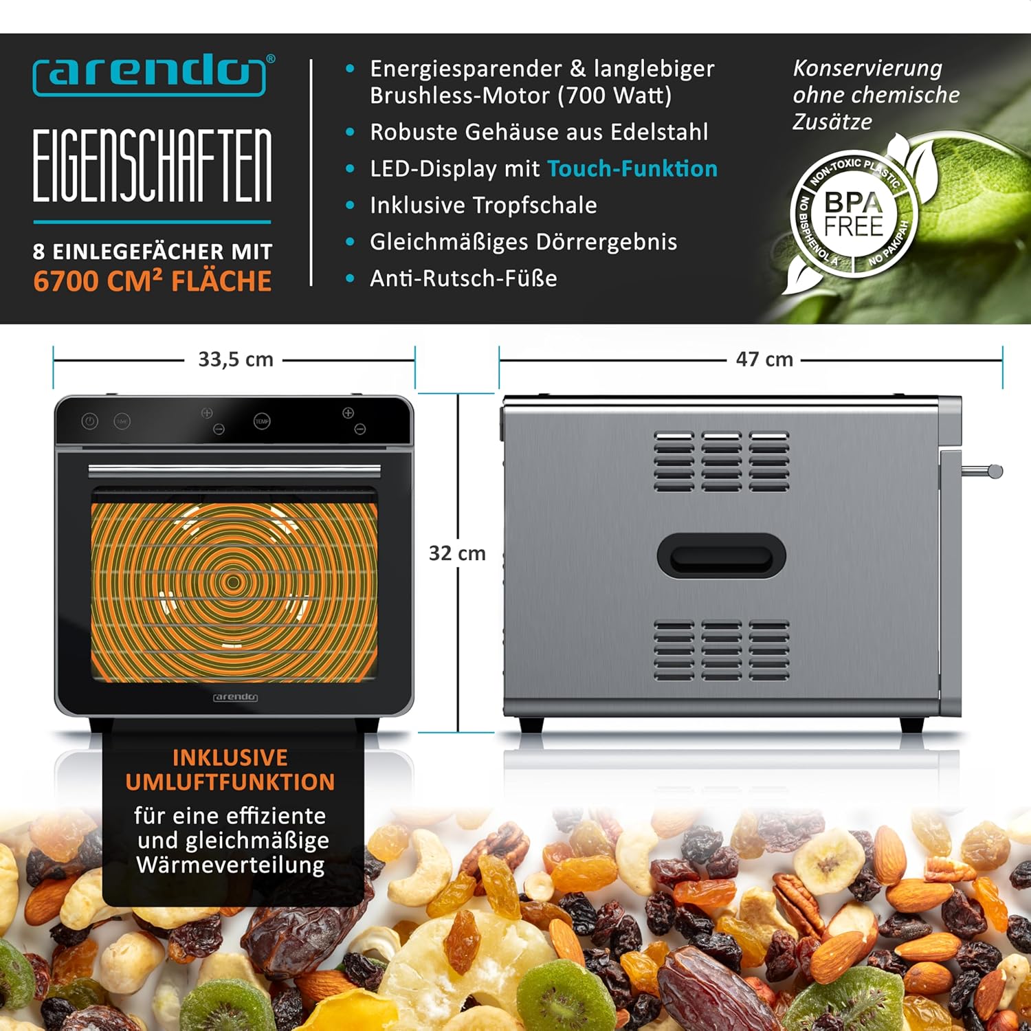 Arendo - Dörrautomat Edelstahl mit 8 Edelstahlgitter - 700 W - 35°-85°C - 8 Edelstahl Einlegetabletts mit insgesamt 6700 cm² - Dörrgerät Dehydrator Obsttrockner Dörrapparat - Obst Fleisch Pilze uvm
