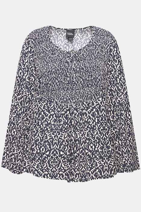 Bluse, gesmokt, Rundhals, ausgestellter Langarm