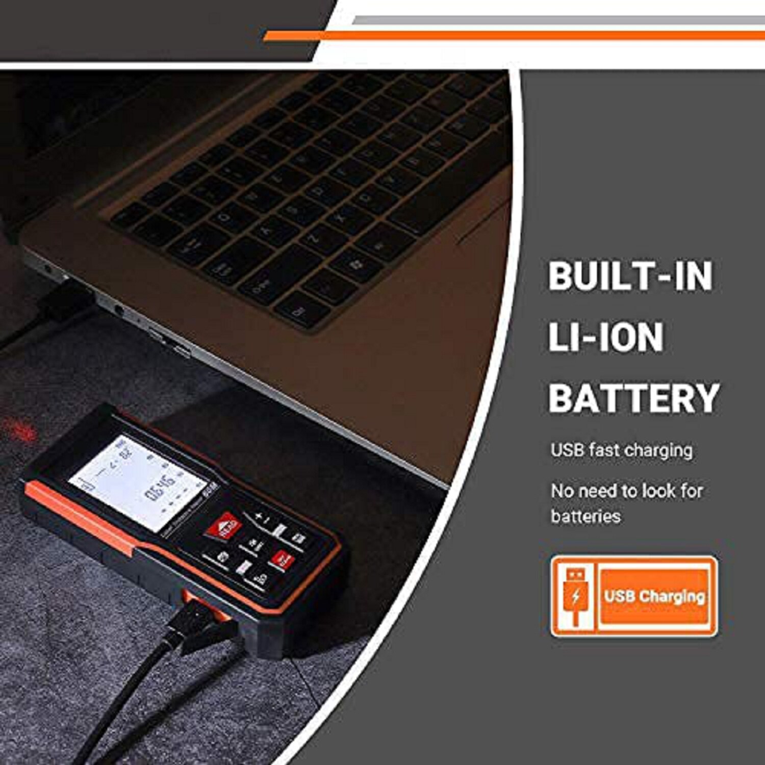TACKLIFE S5-60, 60 m Laser-Entfernungsmesser, Lasermessgerät, USB-Aufladung, ±2 mm Genauigkeit, elektronischer Winkelsensor, 99 Speicher, m/in/ft/ft+in, einstellbarer Ton, Berechnung von Länge, Fläche, Volumen