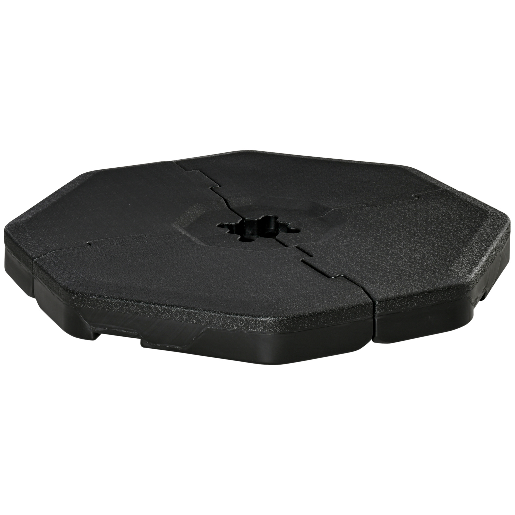 Conjunto de 4 pesos Outsunny para base de guarda-sol: 104 kg para água, 125 kg para areia ou 140 kg para mistura. Dimensões: 109 x 109 x 13 cm. Cor: Preto.