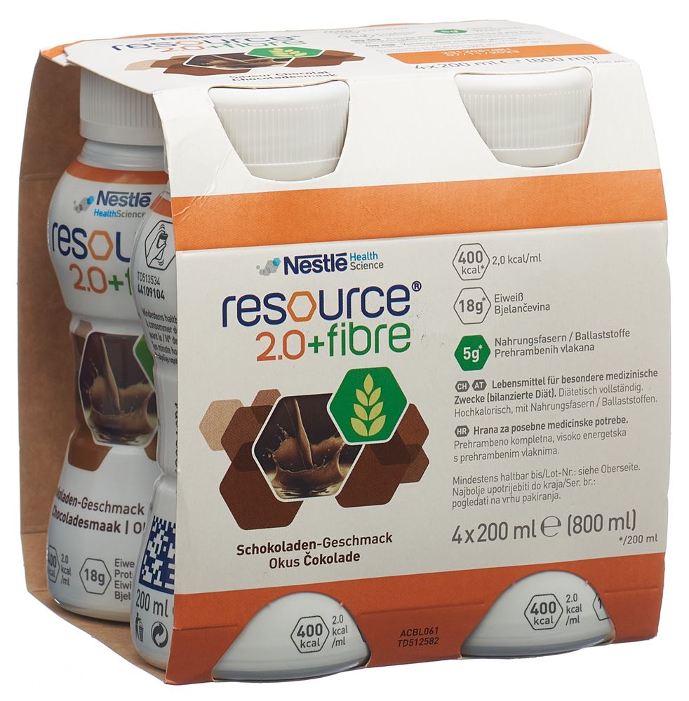 RESOURCE 2.0 Fibre<br>4 × 200 ml, Emulsion zum Einnehmen, Schokolade