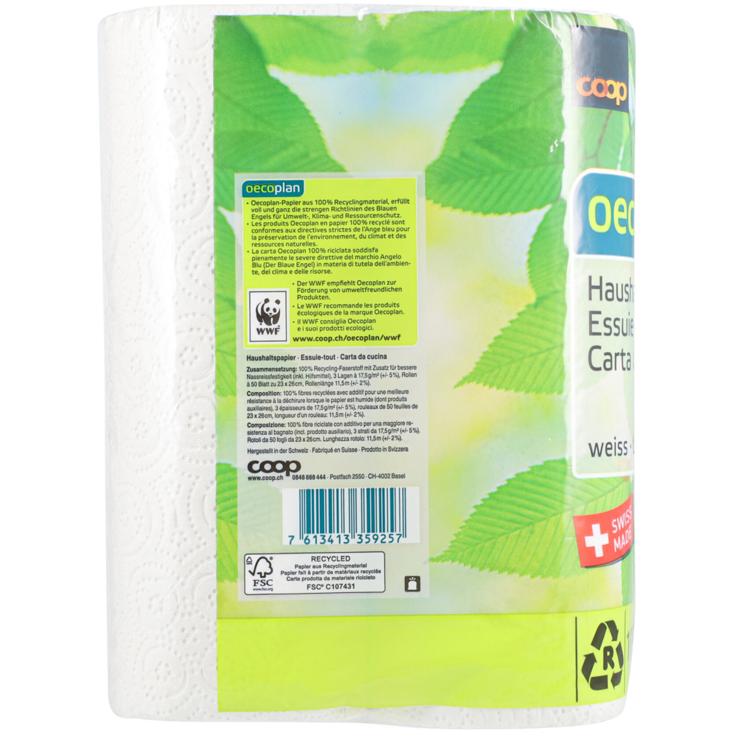 Oecoplan Haushaltpapier weiss, 6 Rollen 3-lagig