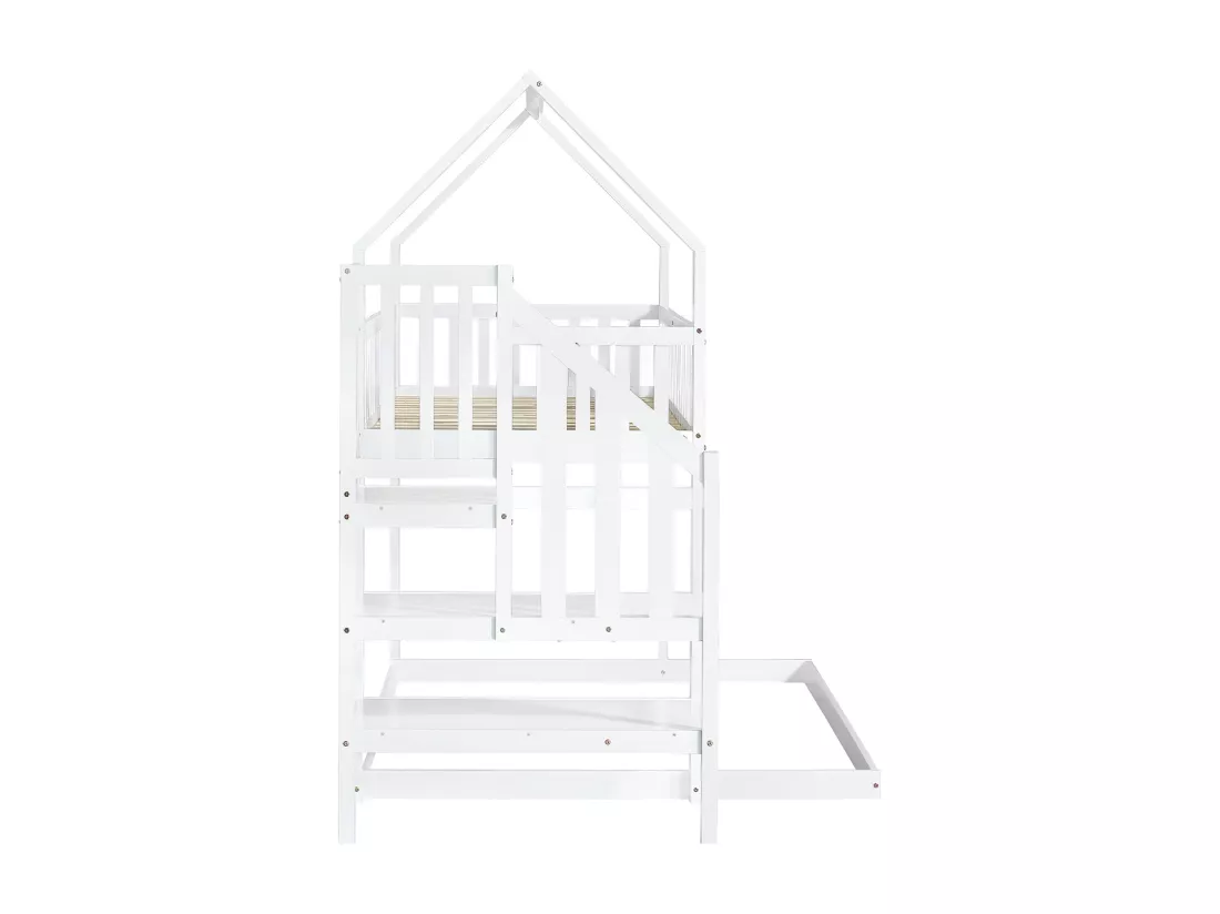 Lit superposé avec escalier et barrières anti-chutes - 90x200 cm - en bois massif - Blanc