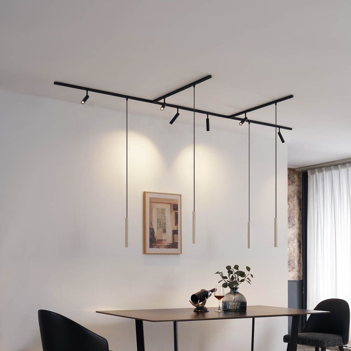 Modern railsysteem met 6 spots en 4 hanglampen beige met zwart 1-fase - Slimline Uzzy Keno